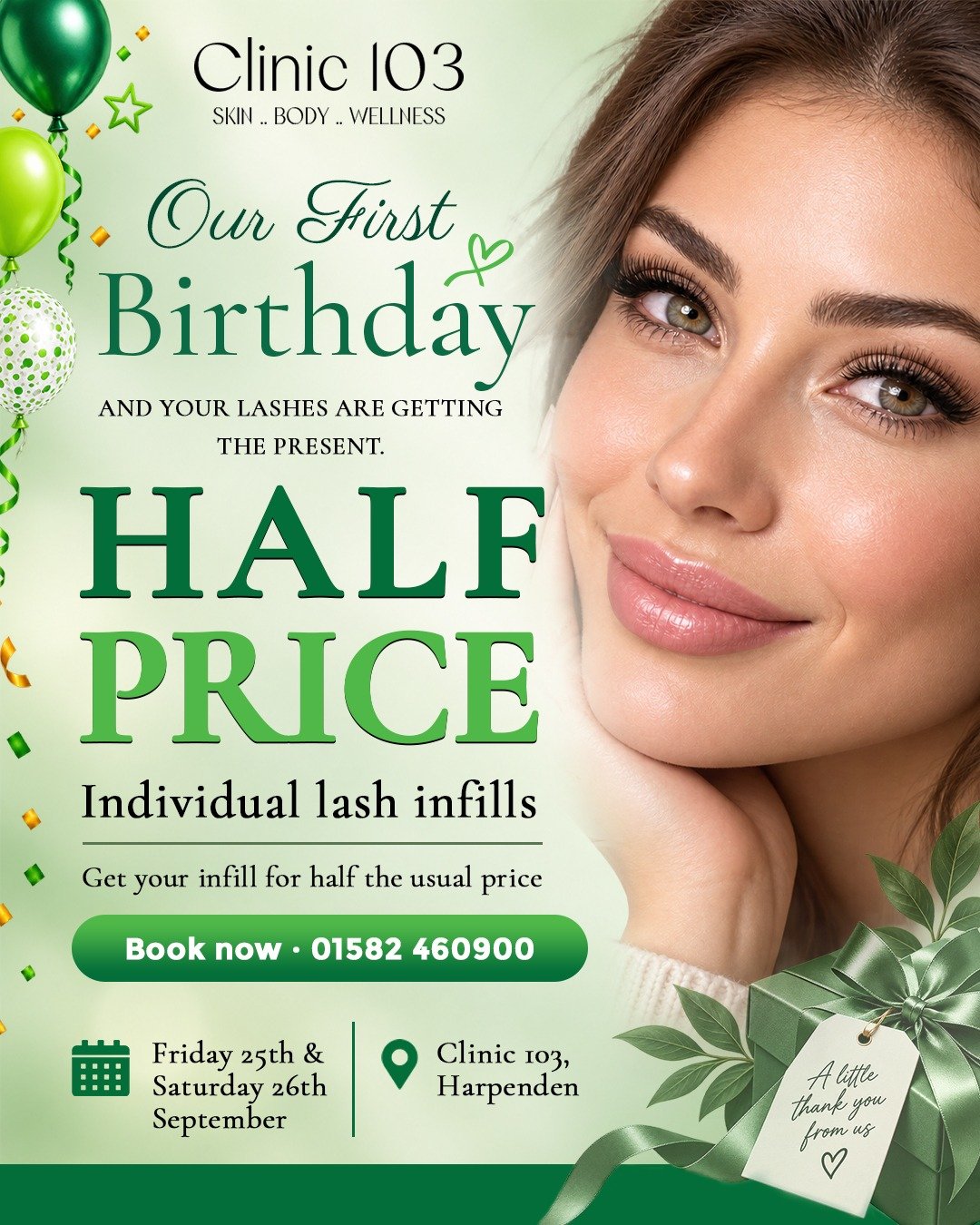 Half-price individual lash infills at Clinic 103 Harpenden birthday event