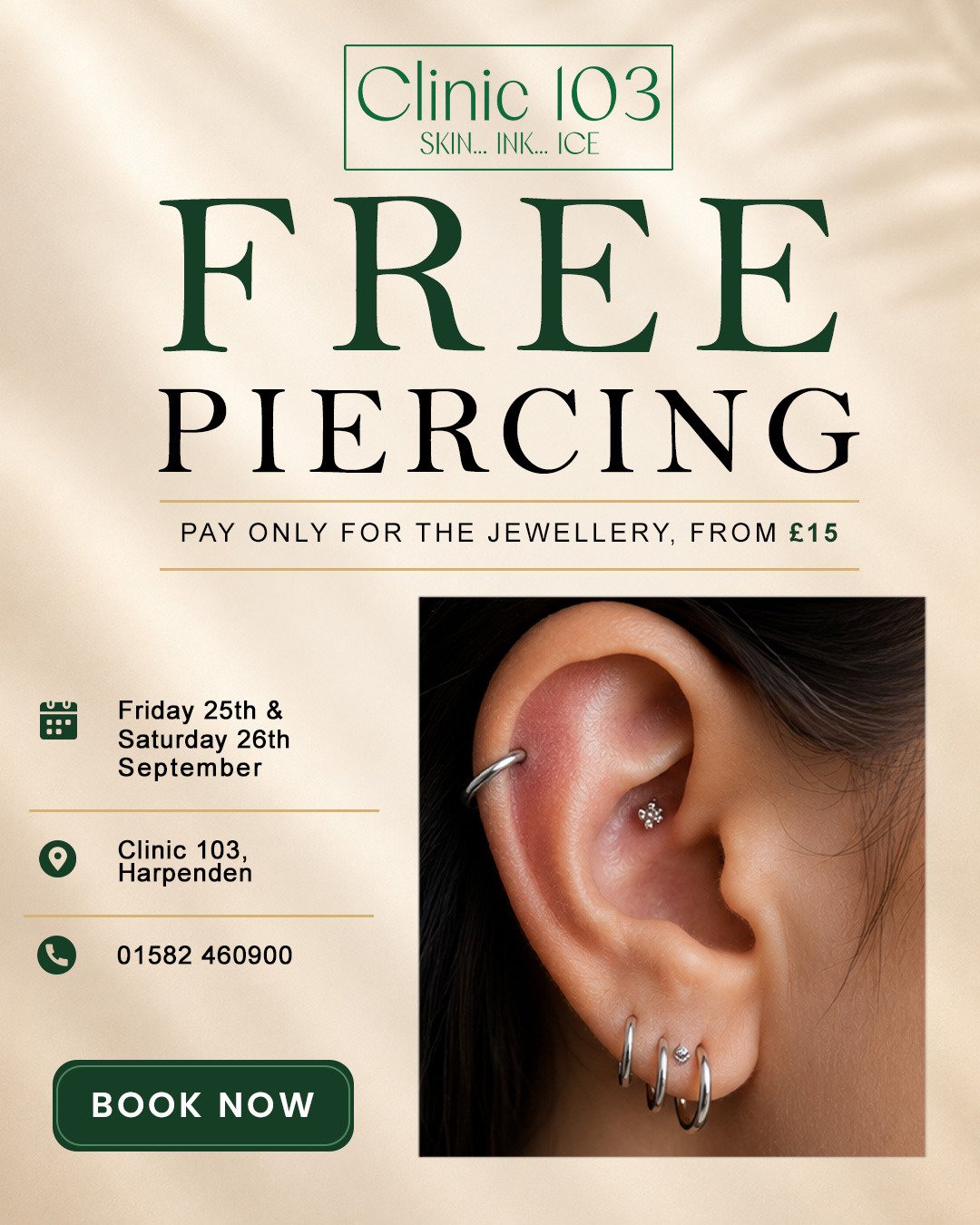 Free piercing at Clinic 103 Harpenden, pay only for jewellery from £15