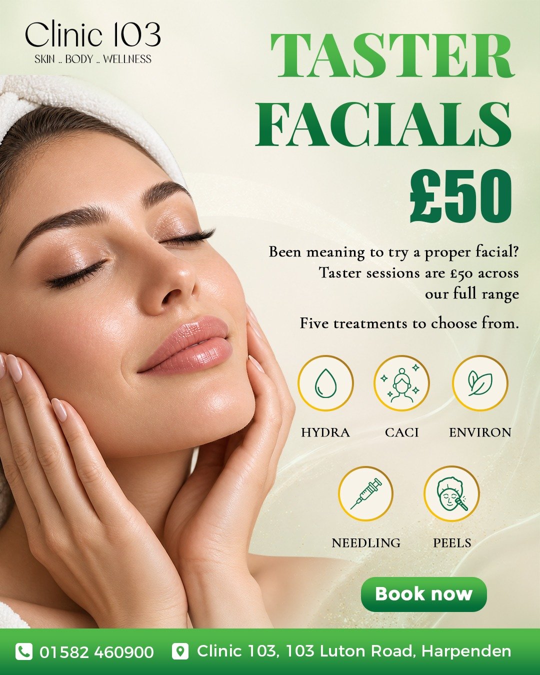 £50 taster facials at Clinic 103 Harpenden — Hydra, CACI, Environ, needling or peels