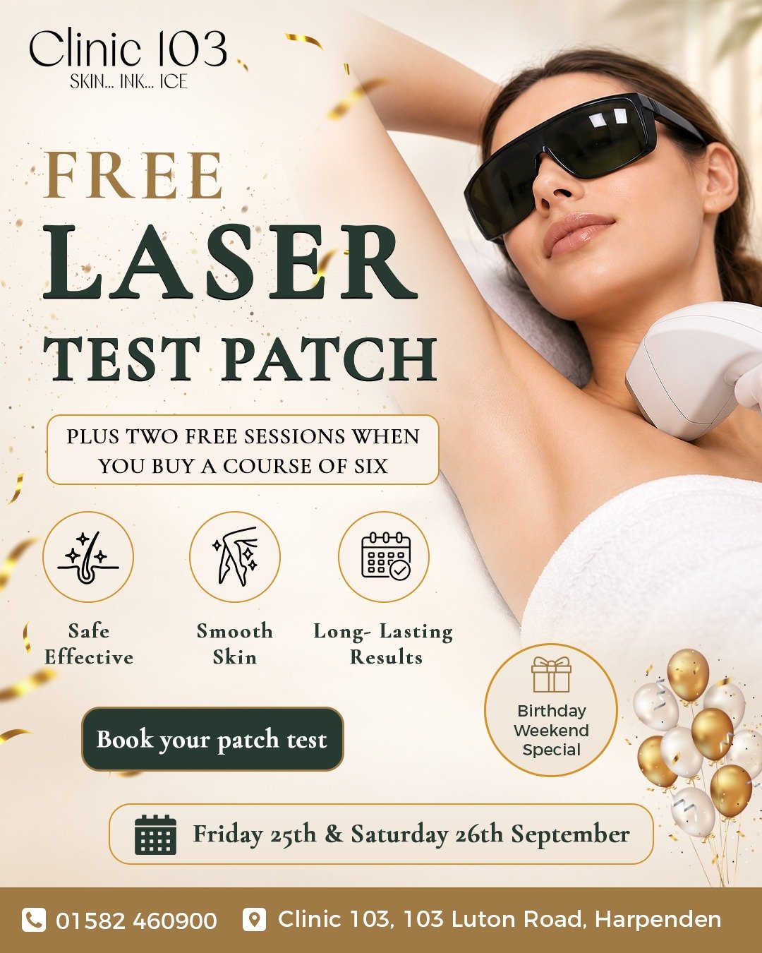 Free laser hair removal test patch at Clinic 103 Harpenden birthday event